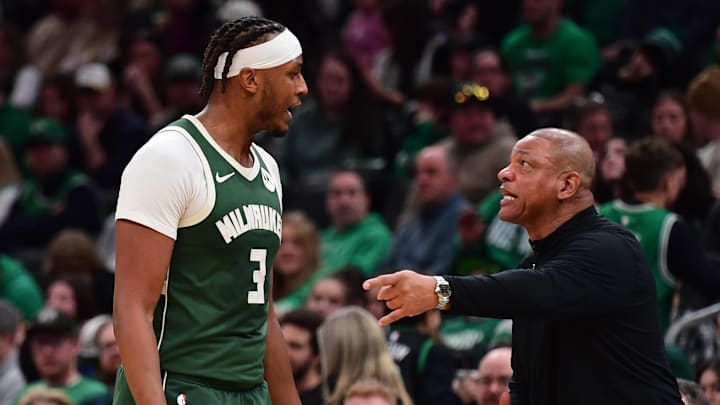 Feb 1, 2026; Boston, Massachusetts, USA; Milwaukee Bucks head coach Doc Rivers has words with center Myles Turner (3) during the second half against the Boston Celtics at TD Garden. Mandatory Credit: Bob DeChiara-Imagn Images