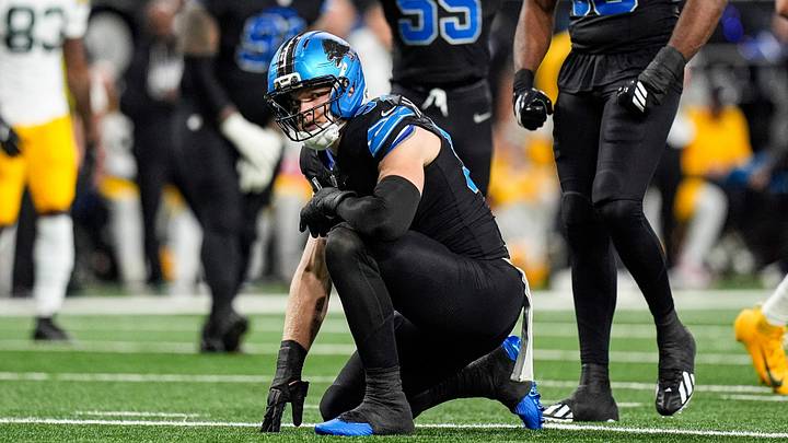 Detroit Lions edge rusher Aidan Hutchinson celebrates a sack against the Green Bay Packers during the first half at Ford Field in Detroit on Sunday, Oct. 25, 2026. Detroit Lions edge rusher Aidan Hutchinson celebrates a sack against the Green Bay Packers during the first half at Ford Field in Detroit on Sunday, Oct. 25, 2026.