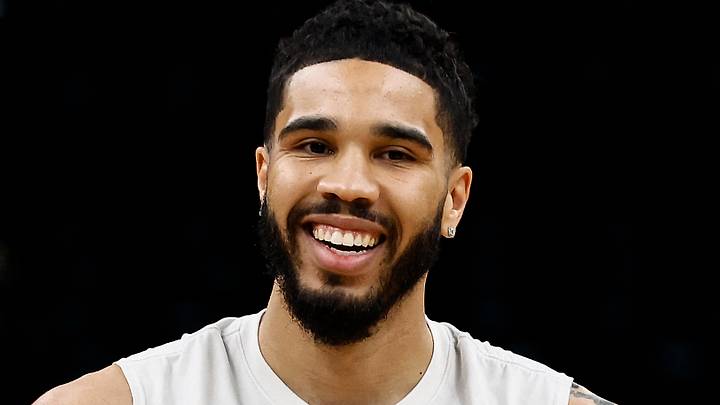 May 7, 2024; Boston, Massachusetts, USA; Boston Celtics forward Jayson Tatum (0) smiles before game one of the second round of the 2024 NBA playoffs against the Cleveland Cavaliers at TD Garden. Mandatory Credit: Winslow Townson-USA TODAY Sports May 7, 2024; Boston, Massachusetts, USA; Boston Celtics forward Jayson Tatum (0) smiles before game one of the second round of the 2024 NBA playoffs against the Cleveland Cavaliers at TD Garden. Mandatory Credit: Winslow Townson-USA TODAY Sports