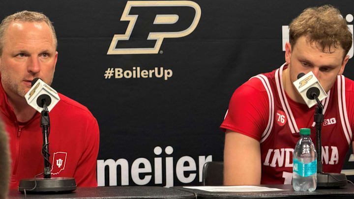 Indiana basketball coach Darian DeVries and senior forward Tucker DeVries meet with media Feb. 20, 2026, after losing to Purdue at Mackey Arena in West Lafayette. Indiana basketball coach Darian DeVries and senior forward Tucker DeVries meet with media Feb. 20, 2026, after losing to Purdue at Mackey Arena in West Lafayette.