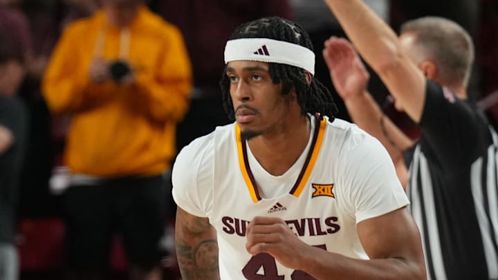Arizona State Sun Devils guard Adam Miller (44) reacts after making a shot against the Houston Cougars during the first half at Desert Financial Arena. Arizona State Sun Devils guard Adam Miller (44) reacts after making a shot against the Houston Cougars during the first half at Desert Financial Arena.