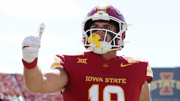 Sep 6, 2025; Ames, Iowa, USA; Iowa State Cyclones tight end Benjamin Brahmer (18) reacts after scoring a touchdown against the Iowa Hawkeyes during the second quarter at Jack Trice Stadium. 