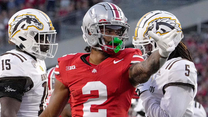 Sept. 7, 2024; Columbus, Ohio, USA;
Ohio State Buckeyes wide receiver Emeka Egbuka (2) signals for a first down during the first half of an NCAA Division I football game against the Western Michigan Broncos on Saturday at Ohio Stadium. Sept. 7, 2024; Columbus, Ohio, USA;
Ohio State Buckeyes wide receiver Emeka Egbuka (2) signals for a first down during the first half of an NCAA Division I football game against the Western Michigan Broncos on Saturday at Ohio Stadium.