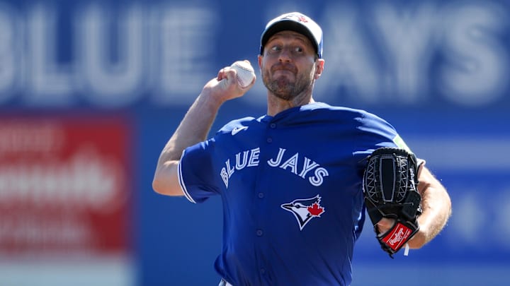 Mar 2, 2025; Dunedin, Florida, USA; Toronto Blue Jays pitcher Max Scherzer (31) throws a pitch against the Philadelphia Phillies in the second inning during spring training at TD Ballpark. 