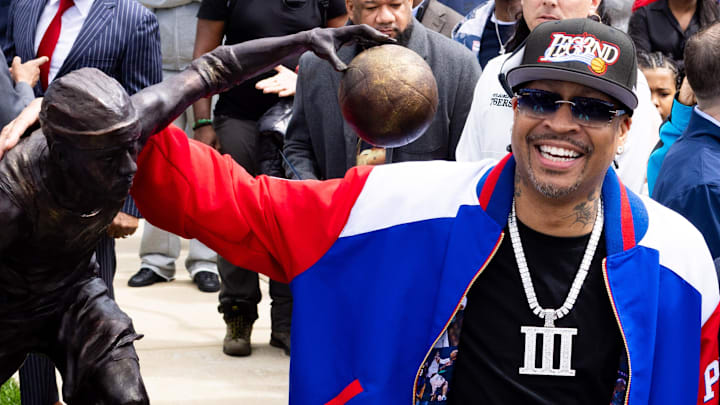 Apr 12, 2024; Camden, NJ, USA; Philadelphia 76ers great Allen Iverson during the unveiling of the statue honoring him in a ceremony at the Philadelphia 76ers Training Complex. Mandatory Credit: Bill Streicher-Imagn Images