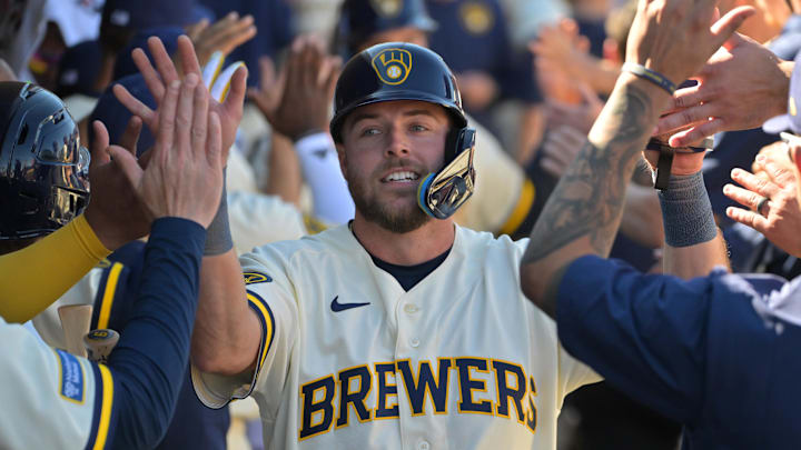 Feb 21, 2026; Phoenix, Arizona, USA; Milwaukee Brewers left fielder Brandon Lockridge (20) scores on a double by second baseman David Hamilton (6) in the fourth inning against the Cleveland Guardians at American Family Fields of Phoenix. Mandatory Credit: Jayne Kamin-Oncea-Imagn Images Feb 21, 2026; Phoenix, Arizona, USA; Milwaukee Brewers left fielder Brandon Lockridge (20) scores on a double by second baseman David Hamilton (6) in the fourth inning against the Cleveland Guardians at American Family Fields of Phoenix. Mandatory Credit: Jayne Kamin-Oncea-Imagn Images