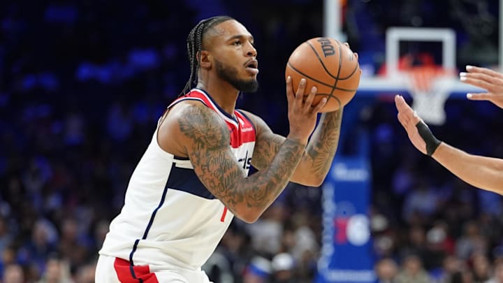 Dec 2, 2025; Philadelphia, Pennsylvania, USA; Washington Wizards forward Cam Whitmore (1) shoots the ball against Philadelphia 76ers guard Jared McCain (20) in the second quarter at Xfinity Mobile Arena. Mandatory Credit: Kyle Ross-Imagn Images
