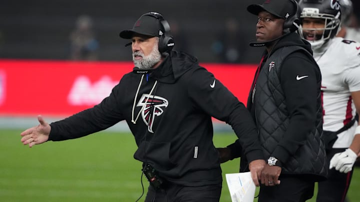 Atlanta Falcons defensive coordinator Jeff Ulbrich and head coach Raheem Morris during the NFL Berlin Game at Olympic Stadium Atlanta Falcons defensive coordinator Jeff Ulbrich and head coach Raheem Morris during the NFL Berlin Game at Olympic Stadium