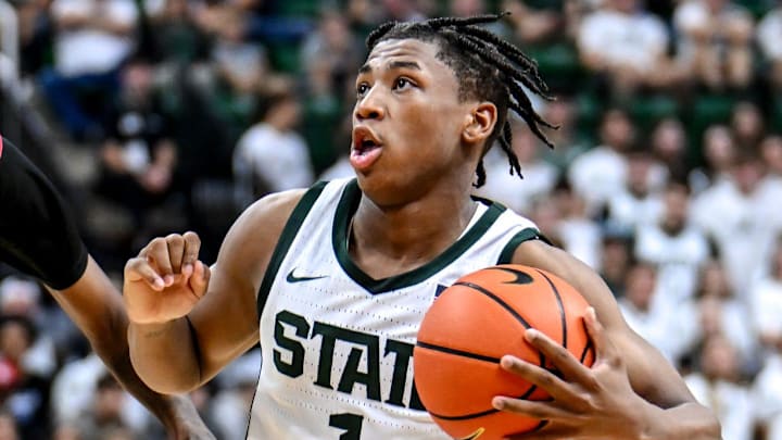 Michigan State's Jeremy Fears Jr., right, moves to the rim as Ferris State's Mykel Bingham defends during the first half on Tuesday, Oct. 29, 2024, in East Lansing. Michigan State's Jeremy Fears Jr., right, moves to the rim as Ferris State's Mykel Bingham defends during the first half on Tuesday, Oct. 29, 2024, in East Lansing.