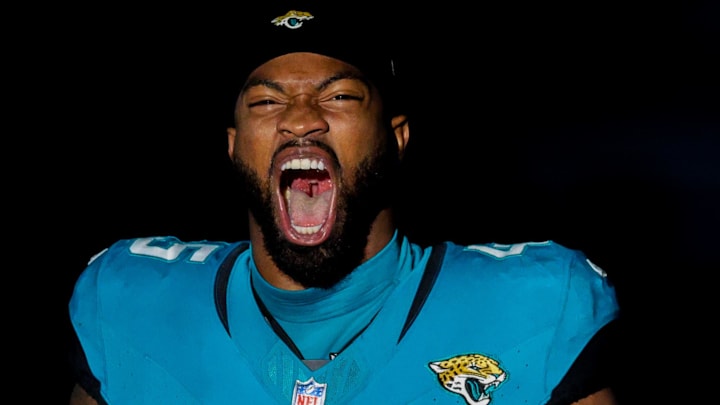 Dec 17, 2023; Jacksonville, Florida, USA;  Jacksonville Jaguars linebacker K'Lavon Chaisson (45) takes the field for a game against the Baltimore Ravens at EverBank Stadium. 