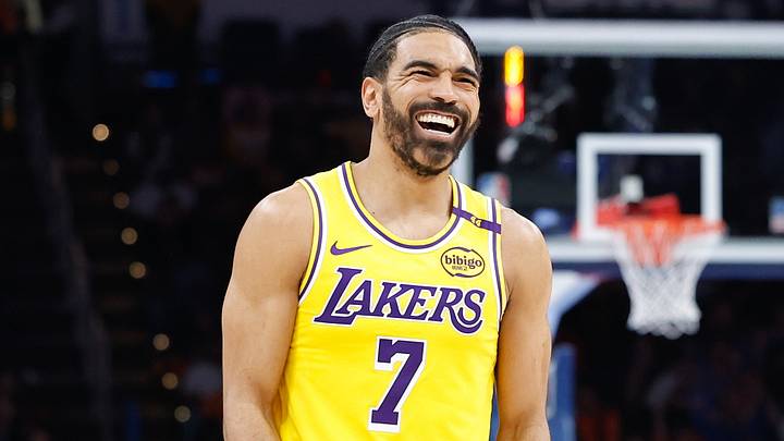 Apr 8, 2025; Oklahoma City, Oklahoma, USA; Los Angeles Lakers guard Gabe Vincent (7) smiles after a play against the Oklahoma City Thunder during the second half at Paycom Center. Mandatory Credit: Alonzo Adams-Imagn Images Apr 8, 2025; Oklahoma City, Oklahoma, USA; Los Angeles Lakers guard Gabe Vincent (7) smiles after a play against the Oklahoma City Thunder during the second half at Paycom Center. Mandatory Credit: Alonzo Adams-Imagn Images