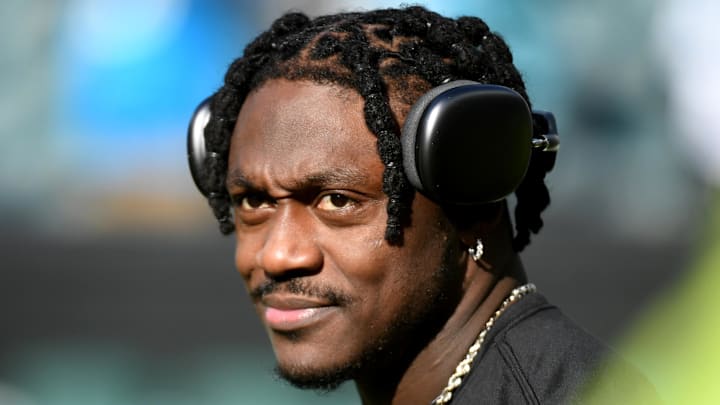 Dec 8, 2024; Philadelphia, Pennsylvania, USA; Philadelphia Eagles wide receiver A.J. Brown (11) during warmups against the Carolina Panthers at Lincoln Financial Field. Mandatory Credit: Eric Hartline-Imagn Images
