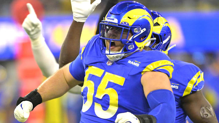 Dec 28, 2024; Inglewood, California, USA; Los Angeles Rams defensive tackle Braden Fiske (55) celerates after a sack of Arizona Cardinals quarterback Kyler Murray (1) in the first half at SoFi Stadium. Mandatory Credit: Jayne Kamin-Oncea-Imagn Images Dec 28, 2024; Inglewood, California, USA; Los Angeles Rams defensive tackle Braden Fiske (55) celerates after a sack of Arizona Cardinals quarterback Kyler Murray (1) in the first half at SoFi Stadium. Mandatory Credit: Jayne Kamin-Oncea-Imagn Images
