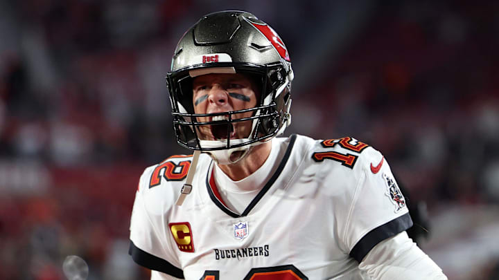 Jan 16, 2023; Tampa, Florida, USA; Tampa Bay Buccaneers quarterback Tom Brady (12) reacts before the wild card game against the Dallas Cowboys at Raymond James Stadium. Mandatory Credit: Nathan Ray Seebeck-Imagn Images