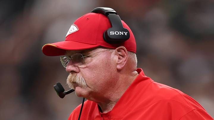 Oct 4, 2026; Paradise, Nevada, USA;  Kansas City Chiefs head coach Andy Reid walks back to the sideline after wide receiver Tyquan Thornton (not pictured) suffered an apparent injury against the Las Vegas Raiders during the fourth quarter at Allegiant Stadium.  Mandatory Credit: David Brytus-Imagn Images