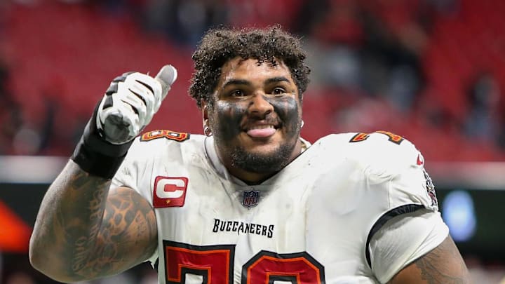 Dec 10, 2023; Atlanta, Georgia, USA; Tampa Bay Buccaneers offensive tackle Tristan Wirfs (78) celebrates after a victory against the Atlanta Falcons at Mercedes-Benz Stadium. Mandatory Credit: Brett Davis-Imagn Images