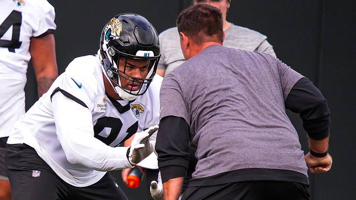 Jaguars defensive tackle Arik Armstead (91) runs drills during the Jaguars’ fourth OTA of the year, Monday June 1, 2026 at the Miller Electric Center in Jacksonville, Fla. [Doug Engle/Florida Times-Union]