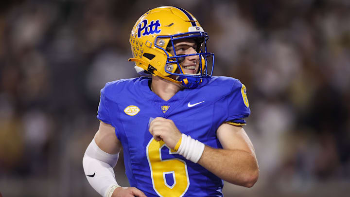 Nov 22, 2025; Atlanta, Georgia, USA; Pittsburgh Panthers quarterback Mason Heintschel (6) reacts after a touchdown against the Georgia Tech Yellow Jackets in the second quarter at Bobby Dodd Stadium at Hyundai Field. Mandatory Credit: Brett Davis-Imagn Images