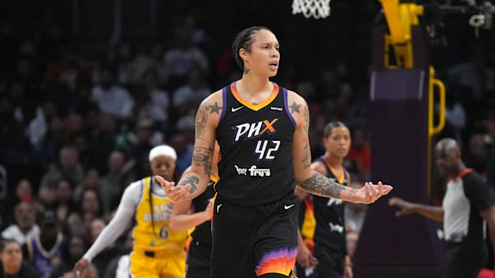 Sep 17, 2024; Los Angeles, California, USA; Phoenix Mercury center Brittney Griner (42) and LA Sparks forward Rickea Jackson (2) react in the first half at Crypto.com Arena. Mandatory Credit: Kirby Lee-Imagn Images