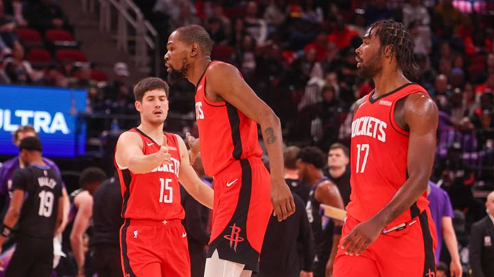 Feb 23, 2026; Houston, Texas, USA; Houston Rockets guard Reed Sheppard (15) celebrates forward Kevin Durant (7) and forward Tari Eason (17) play against the Utah Jazz in the second quarter at Toyota Center. Mandatory Credit: Thomas Shea-Imagn Images Feb 23, 2026; Houston, Texas, USA; Houston Rockets guard Reed Sheppard (15) celebrates forward Kevin Durant (7) and forward Tari Eason (17) play against the Utah Jazz in the second quarter at Toyota Center. Mandatory Credit: Thomas Shea-Imagn Images