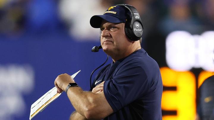 Oct 3, 2025; Provo, Utah, USA; West Virginia Mountaineers head coach Rich Rodriguez looks on during the first quarter of the game against the Brigham Young Cougars at LaVell Edwards Stadium. Mandatory Credit: Rob Gray-Imagn Images