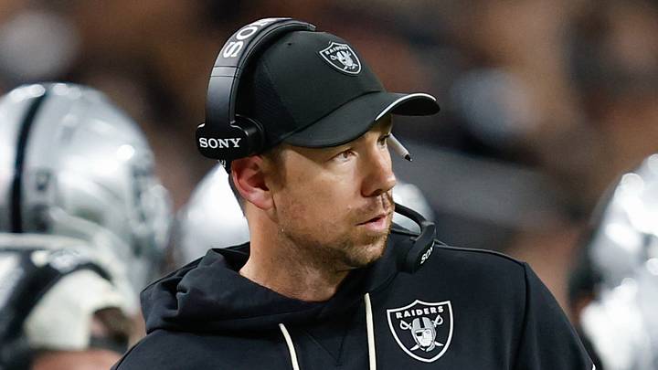 Aug 13, 2026; Paradise, Nevada, USA; Las Vegas Raiders head coach Klint Kubiak watches from the sideline during the third quarter of a preseason game against the Arizona Cardinals at Allegiant Stadium. Mandatory Credit: David Brytus-Imagn Images