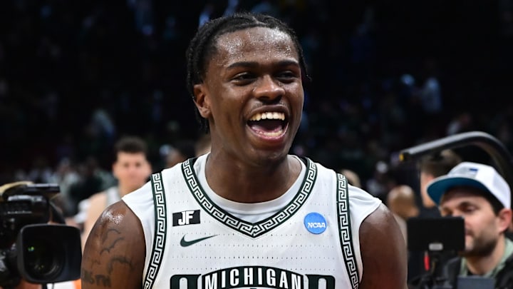 Mar 23, 2025; Cleveland, OH, USA; Michigan State Spartans forward Coen Carr (55) celebrates after the game against the New Mexico Lobos during the NCAA Tournament Second Round at Rocket Arena. Mandatory Credit: Ken Blaze-Imagn Images