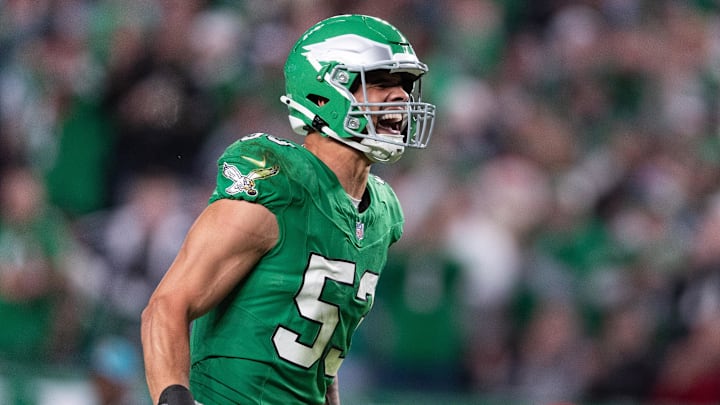 Nov 3, 2024; Philadelphia, Pennsylvania, USA; Philadelphia Eagles linebacker Zack Baun (53) reacts after his interception against the Jacksonville Jaguars during the second quarter at Lincoln Financial Field.