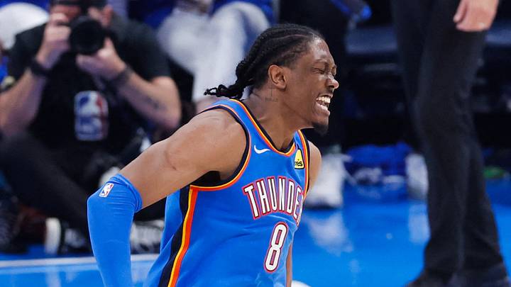 Jun 22, 2025; Oklahoma City, Oklahoma, USA; Oklahoma City Thunder forward Jalen Williams (8) reacts after scoring against the Indiana Pacers during the second half of game seven of the 2025 NBA Finals at Paycom Center. Mandatory Credit: Alonzo Adams-Imagn Images