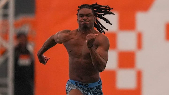 Jermod McCoy runs during Tennessee Football Pro Day 2026, at University of Tennessee on March 31, 2026.