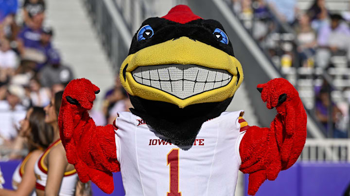 Nov 8, 2025; Fort Worth, Texas, USA;  The Iowa State Cyclones mascot poses for a photo during the game against the TCU Horned Frogs at Amon G. Carter Stadium. 