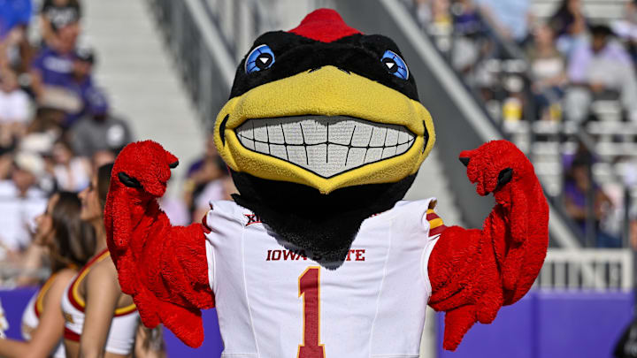 Nov 8, 2025; Fort Worth, Texas, USA;  The Iowa State Cyclones mascot poses for a photo during the game against the TCU Horned Frogs at Amon G. Carter Stadium. 
