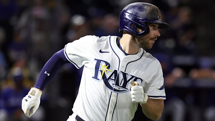 Sep 16, 2025; St. Petersburg, Florida, USA; Tampa Bay Rays second baseman Brandon Lowe (8) hits a RBI single ninth inning against the Toronto Blue Jays at George M. Steinbrenner Field. Sep 16, 2025; St. Petersburg, Florida, USA; Tampa Bay Rays second baseman Brandon Lowe (8) hits a RBI single ninth inning against the Toronto Blue Jays at George M. Steinbrenner Field.