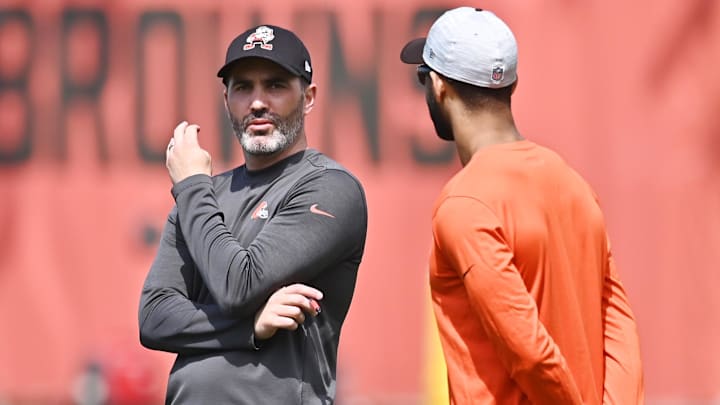 May 14, 2021; Berea, Ohio, USA; Cleveland Browns head coach Kevin Stefanski (left) watches camp with general manager Andrew Berry during rookie minicamp at the Cleveland Browns Training Facility. Mandatory Credit: Ken Blaze-Imagn Images
