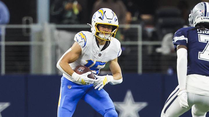 Dec 21, 2025; Arlington, Texas, USA; Los Angeles Chargers wide receiver Ladd McConkey (15) runs for yards after the catch against the Dallas Cowboys during the second quarter at AT&T Stadium. Mandatory Credit: Kevin Jairaj-Imagn Images Dec 21, 2025; Arlington, Texas, USA; Los Angeles Chargers wide receiver Ladd McConkey (15) runs for yards after the catch against the Dallas Cowboys during the second quarter at AT&T Stadium. Mandatory Credit: Kevin Jairaj-Imagn Images