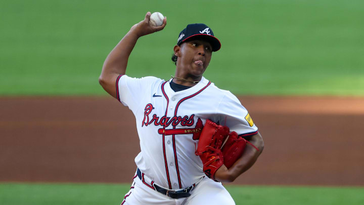 Jul 2, 2025; Atlanta, Georgia, USA; Atlanta Braves starting pitcher Didier Fuentes (75) throws against the Los Angeles Angels in the first inning at Truist Park. Mandatory Credit: Brett Davis-Imagn Images Jul 2, 2025; Atlanta, Georgia, USA; Atlanta Braves starting pitcher Didier Fuentes (75) throws against the Los Angeles Angels in the first inning at Truist Park. Mandatory Credit: Brett Davis-Imagn Images