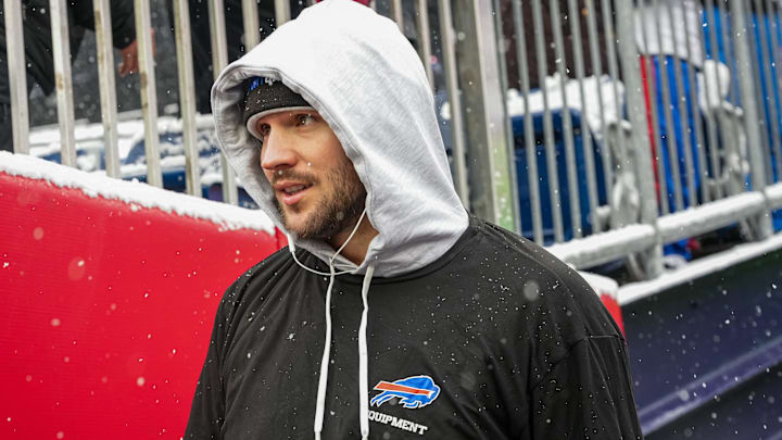 Buffalo Bills QB Josh Allen makes his way to the field to warm up before the start of the game against the New England Patriots. Buffalo Bills QB Josh Allen makes his way to the field to warm up before the start of the game against the New England Patriots.