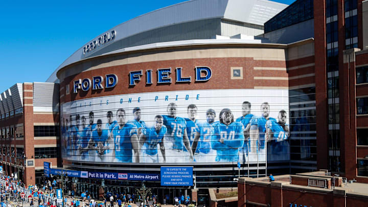 Detroit Lions fans tailgate outside of the Ford Field in downtown Detroit