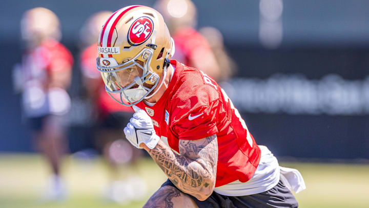 May 10, 2024; Santa Clara, CA, USA; San Francisco 49ers wide receiver Ricky Pearsall (14) runs drills during the 49ers rookie minicamp at Levi’s Stadium in Santa Clara, CA. Mandatory Credit: Robert Kupbens-Imagn Images