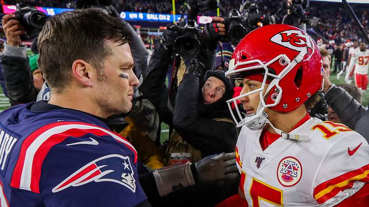 Dec 8, 2019; Foxborough, MA, USA; New England Patriots quarterback Tom Brady (12) and Kansas City Chiefs quarterback Patrick Mahomes (15) after the game at Gillette Stadium. Mandatory Credit: Paul Rutherford-USA TODAY Sports Dec 8, 2019; Foxborough, MA, USA; New England Patriots quarterback Tom Brady (12) and Kansas City Chiefs quarterback Patrick Mahomes (15) after the game at Gillette Stadium. Mandatory Credit: Paul Rutherford-USA TODAY Sports