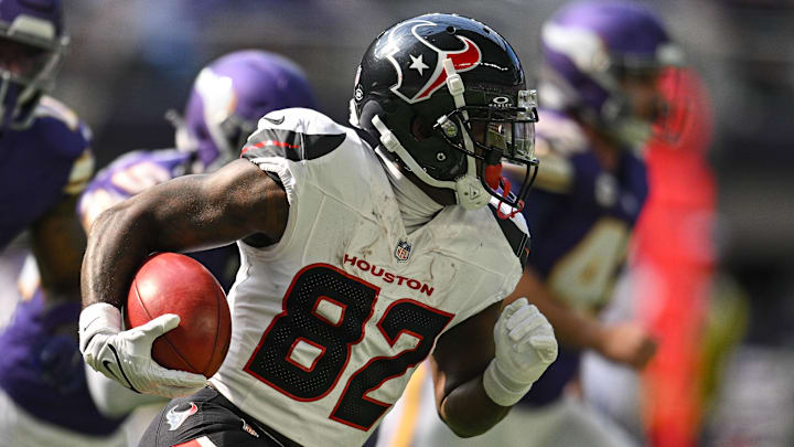 Sep 22, 2024; Minneapolis, Minnesota, USA; Houston Texans wide receiver Steven Sims (82) in action during the game against the Minnesota Vikings at U.S. Bank Stadium.