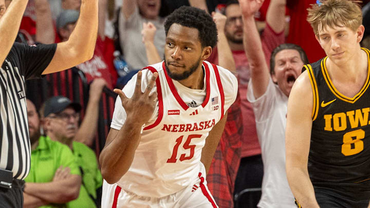 Nebraska forward Jared Garcia celebrates a three-pointer against Iowa on Senior Day.