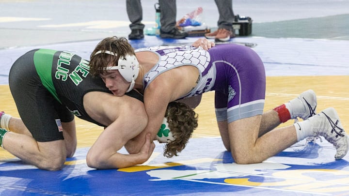 Rumson’s Sonny Amato defeats Camden Catholic’s Eric Swanson in their 144 lbs second round match. Opening Round Wrestling at NJSIAA Wrestling Championships in Atlantic City on March 6, 2025.