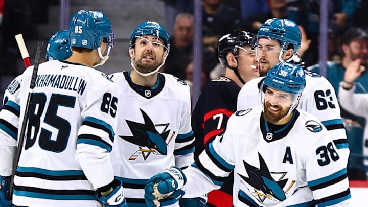 Mar 15, 2026; Ottawa, Ontario, CAN; San Jose Sharks defenseman Mario Ferraro (38) celebrates after scoring during the first period at Canadian Tire Centre. Mandatory Credit: Keito Newman-Imagn Images



