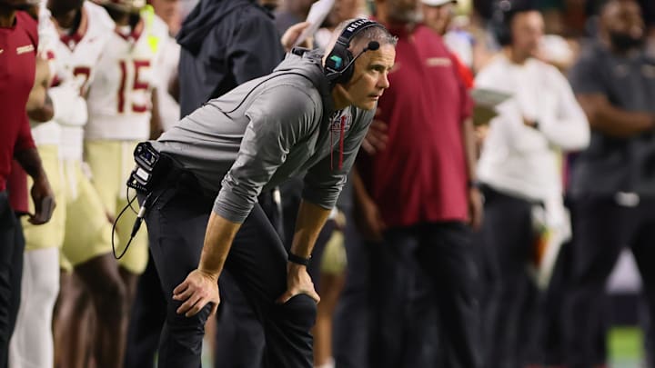 Oct 26, 2024; Miami Gardens, Florida, USA; Florida State Seminoles head coach Mike Norvell watches from the sideline against the Miami Hurricanes during the second quarter at Hard Rock Stadium. Mandatory Credit: Sam Navarro-Imagn Images