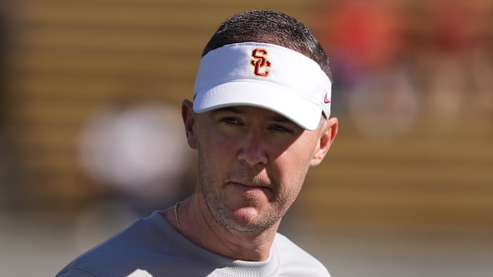 Oct 28, 2023; Berkeley, California, USA; USC Trojans head coach Lincoln Riley walks on the field before a game against the California Golden Bears at California Memorial Stadium. Mandatory Credit: Darren Yamashita-Imagn Images