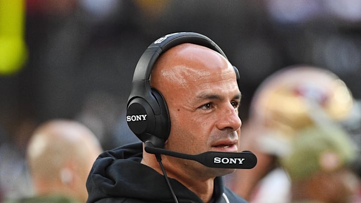 Nov 16, 2025; Glendale, Arizona, USA; San Francisco 49ers defensive coordinator Robert Saleh looks on in the third quarter against the Arizona Cardinals at State Farm Stadium. Mandatory Credit: Matt Kartozian-Imagn Images