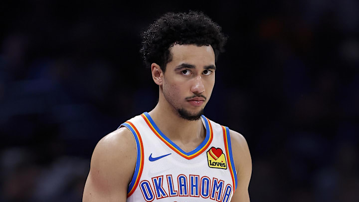 Oklahoma City Thunder guard Jared McCain (3) prepares to enter the game against the Milwaukee Bucks during the second half at Paycom Center.