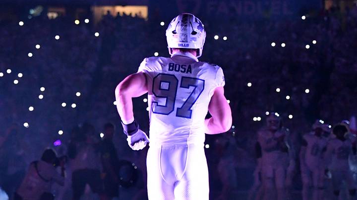 Oct 5, 2025; Orchard Park, New York, USA; Buffalo Bills defensive end Joey Bosa (97) takes the field before the game against the New England Patriots at Highmark Stadium. Mandatory Credit: Mark Konezny-Imagn Images