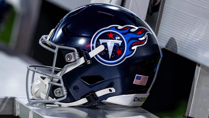 Aug 25, 2024; New Orleans, Louisiana, USA;  Detailed view of the Tennessee Titans helmet against the New Orleans Saints during the first half at Caesars Superdome. Mandatory Credit: Stephen Lew-Imagn Images